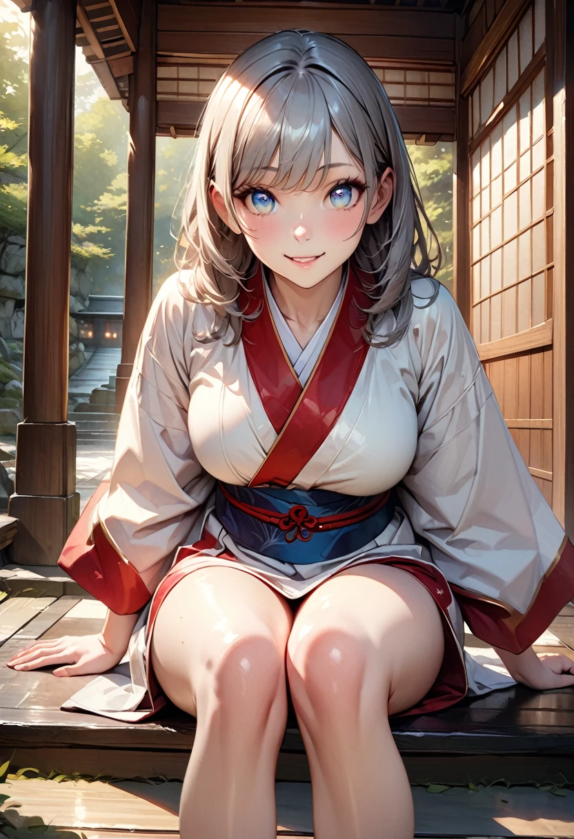 ((highest quality、High resolution、8K、masterpiece:1.3))、((((She sits and spreads her legs invitingly.))))、(love juice)、dynamic angle、wallpaper、1 girl、unparalleled beauty、ultimate beauty、super detailed face、delicate eyes、smile shyly、sexy look、expression of ecstasy、Depth of bounds written、light particles、side light、ponytail、silver hair、(shrine maiden、shrine maiden服、shrine maiden装束、white kimono、red hakama)、nipples exposed、(Skirt flips up and white panties are exposed)、(Fluffy kimono、emphasize the chest)、big breasts、cleavage、thighs、slim、slender、Old castle at night