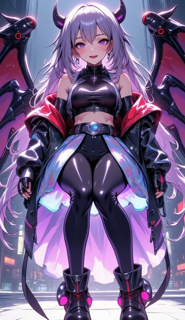 One young and beautiful woman,(Best Quality, very detailed depiction, unbelievably absurd high definition ,High quality anime drawings:2.0),(Actress in a cyber-inspired villain costume ),( Action Poses Like a Sci-fi Hero Show ),( The design combines futuristic and diabolical elements with classic maid features, villain style makeup with dark lipstick and eyeshadow , Cropped Jacket with Metal Shines and Epaulettes , Black Leathery High Neck Top ,Holographic double pleated skirt with LED lights on the hem, Cyber Goggles or Glowing Hair Accessory , Metal Garter Belt or Chain belt , thick bottom platform shoes with glowing elements and mechanical details , red and neon blue accents based on metal silver and black , Strong cyberpunk feeling incorporating electronic lights and LEDs throughout the costume , Mechanical Horns Over Her Head , Mechanical Wings to Highlight a Cyberpunk Look ),(Purple Eyes, half closed eyes, bewitching smile:2.0, is opening his mouth),Full body image:2.0, standing:2.0