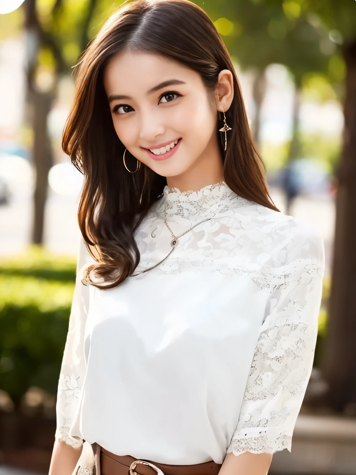 (((Best Quality)))、(((Ultra-precision CG16K wallpaper)))、(((Super detailed)))、(((Mature 24 year old woman、one person:1.8)))、((Very beautiful Japanese face))、(((Zuo々Nozomi)))、(( Straight Medium Hair :1.6))、(Shiny brown hair)、(Sparkling Eyes)、Thin eyebrows、Seductive lips、(((makeup)))、((B cup size breasts))、((Beautiful breasts))、((Beautiful Skin))、( cleavage)、 in the bathroom at home 、 perfect anatomy、Perfect composition、 beautiful detailed shading、 beautiful natural lighting 、 beautiful details glow 、Natural Light、 depth of field、Full screen image、(((High chroma)))、((( real:1.8)))、(((sharp:1.5)))、((( upper body shot of a sexual target :1.6)))、(((Front image:1.6)))、(((smile)))、(((looking at me:1.6)))、(((background_Outdoor、Tree-lined street)))、( Standing Pose :1.6)、(((White lace blouse:1.6)))、(( necklace 、Wearing earrings:1.2))、