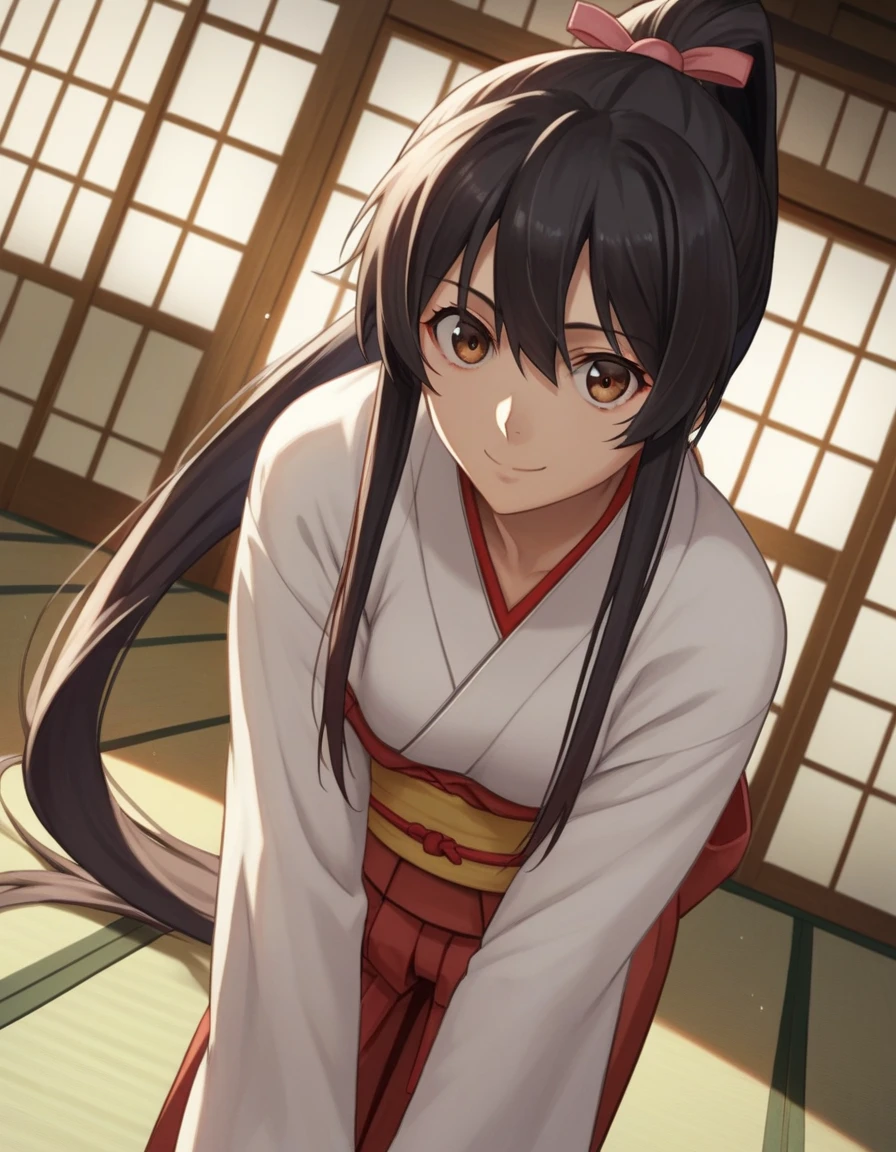 score_9, score_8_up, score_7_up, source_anime,
sagiriyamadaasaemon, sagiri yamada asaemon, long hair, black hair, ponytail, high ponytail, brown eyes,
japanese clothes, kimono, hakama,
indoors, dojo, bent over, smile,
solo, dutch angle, looking at viewer, cowboy shot,