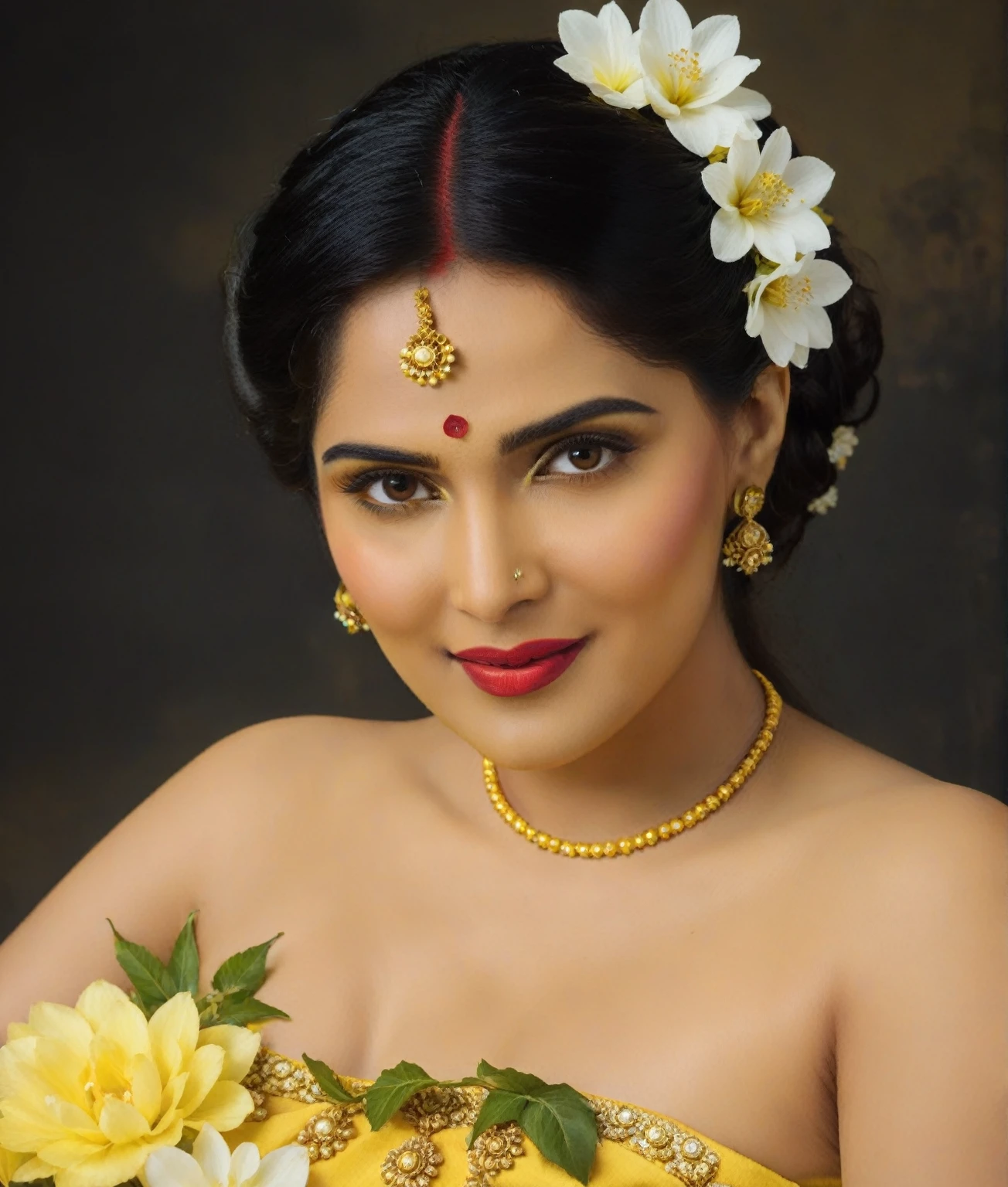 there is a woman in a yellow dress with a flower in her hair, inspired by Raja Ravi Varma, photo taken with nikon d 7 5 0, photo taken with nikon d750, actress, movie stills photography, traditional beauty, glamour shot, taken with sony alpha 9, mami wata, glamorous pose, breathtaking look, stylish pose, movie still promotion