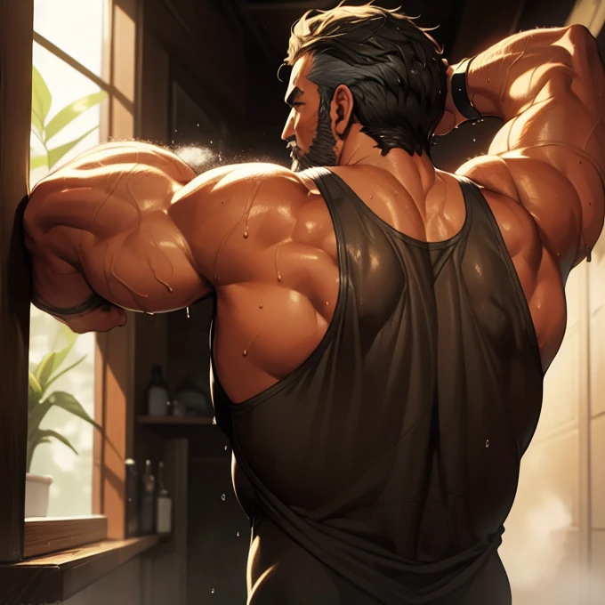  A handsome Iskandar , very lascivious, imposing,  Side view ,  then POV ,  full body, 50 years, short grey hair , thick gray beard ,  dark olive skin color , wide pectorals ,  huge pectorals ,  sexy pose,  He is in fourth place ,  He has his back ,  wearing a tight and wet tank top and a tight swim suit, wet body, muscular back,  Well defined ass ,  Wonderful and highly detailed masterpiece ,  beautiful deep focus cinematic light , elegant, digital painting, seeds,  sharp focus,  Golden Ratio ,  dramatic lighting , 8K