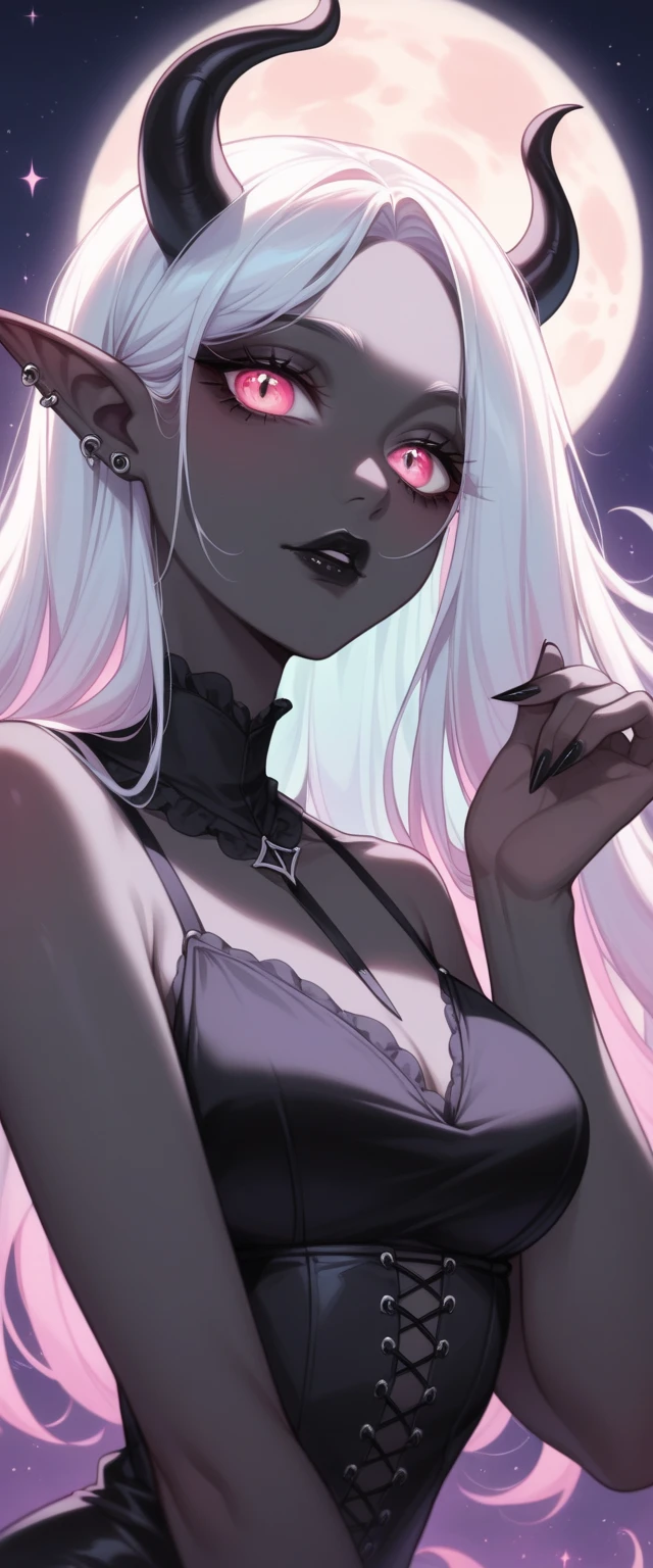 ((Masterpiece)), ((highres)), ((1person)), Random poses, beautifully detailed succubus girl, ((pastel moon background)), long white hair, defined elf ears with ear guages, defined eyes, pastel iris, long eye lashes, defined nose, black lipstick, (((Black skin))), black demon horns, breasts, night sky, pastel gothic style, gothic style art, gothic asthetic