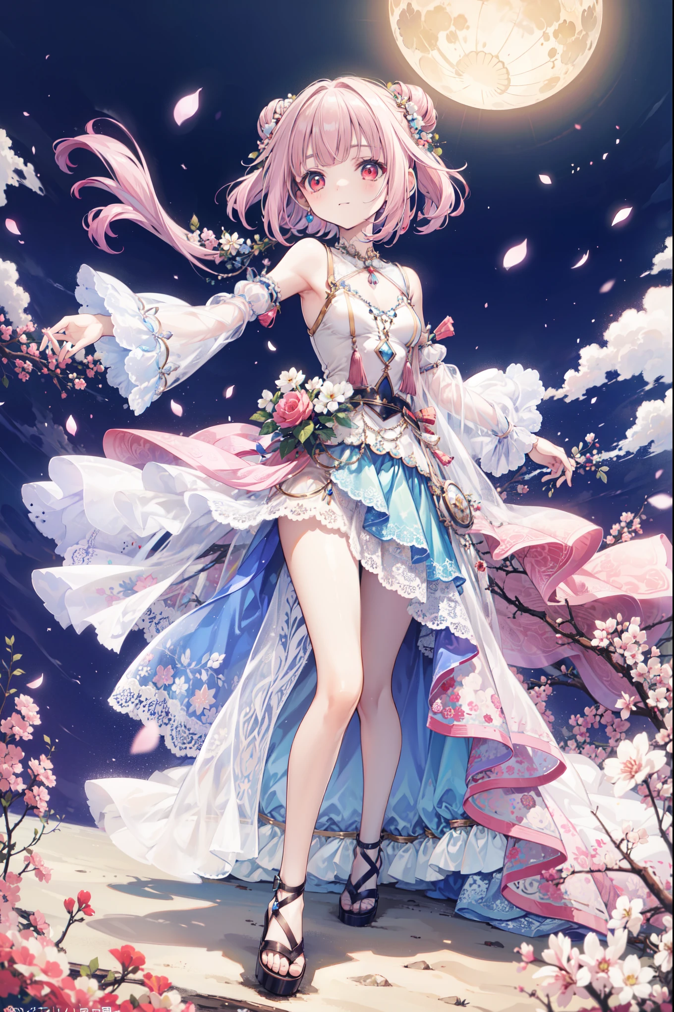 (((Best quality, High Res, masterpiece , masterpiece , Best, High Res))). a girl , solitary. (((My child is beautiful, Lovely girl with fine pink hair , Short, slim figure , and anime faces))). She is a young girl, About ten years old, has gorgeous white skin and long hair ,The princess of the Moon , tied it into a small bun. She has depth, Shining red eyes,tilt. There was no expression on her face.. She has medically correct body and adolescent breasts. Her limbs are slender, has medically correct limbs and fingers . Her skirt is white,Very short ((Long gown)), Translucent and transparent, With blue ivy pattern. When she is in a pose , Her clothes fluttered in the wind when she posed . Her background is a simple starry sky .