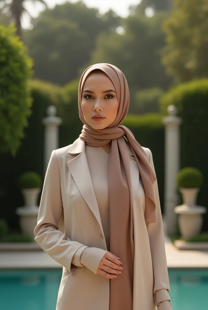 a woman with a black simple yet elegant design abaya with less lose sleeves and with some hidden hoock button fron behind to open and wear easyly with dusty rose pink hijab without belt on bottom