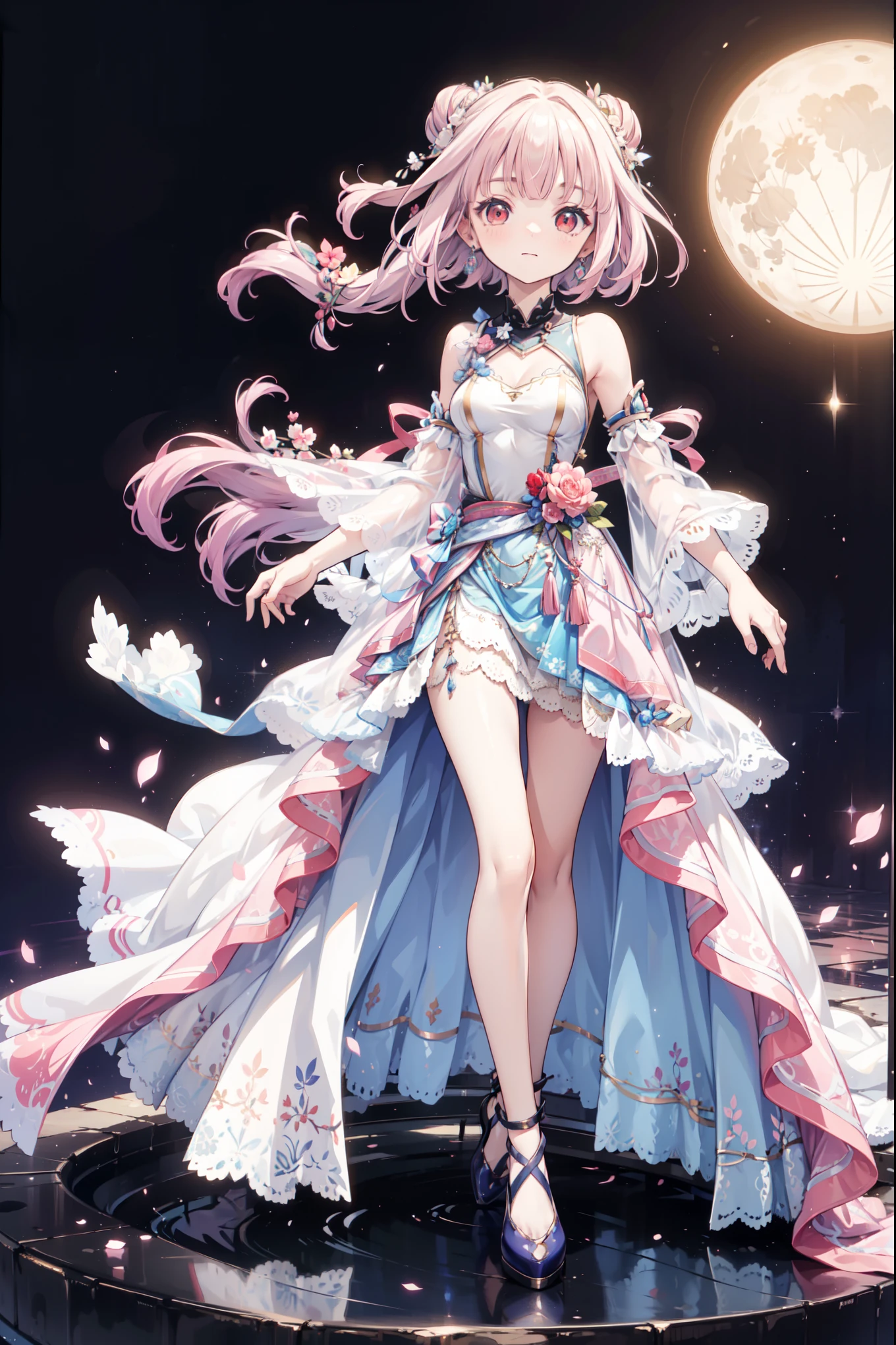(((Best quality, High Res, masterpiece , masterpiece , Best, High Res))). a girl , solitary. (((My child is beautiful, Lovely girl with fine pink hair , Short, slim figure , and anime faces))). She is a young girl, About ten years old, has gorgeous white skin and long hair ,The princess of the Moon , tied it into a small bun. She has depth, Shining red eyes,tilt. There was no expression on her face.. She has medically correct body and adolescent breasts. Her limbs are slender, has medically correct limbs and fingers . Her skirt is white,Very short ((Long gown)), Translucent and transparent, With blue ivy pattern. When she is in a pose , Her clothes fluttered in the wind when she posed . Her background is a simple starry sky .