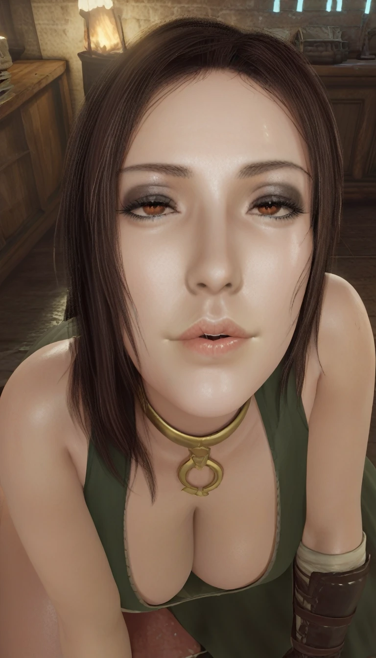 masterpiece, highest quality, highest resolution, distinct_image, detailed details) , 1 girl , 20's , young person , ( large breasts and large hips ), (attractive body, attractive face and attractive expressions and attractive eyes and attractive lips ) , ( soft hair and soft skin ) , one black mole on left eye , soft lips , black eyeshadow , black makeup ,  brown eyes , brown hair ,black lips , black fingernails , attractive women , attractive girl , big bright eyes , gold ring , ring , on campfire   , dark souls 2 , emerald herald  , fingerless gloves , slave collar  , slave bracelet with chains , 