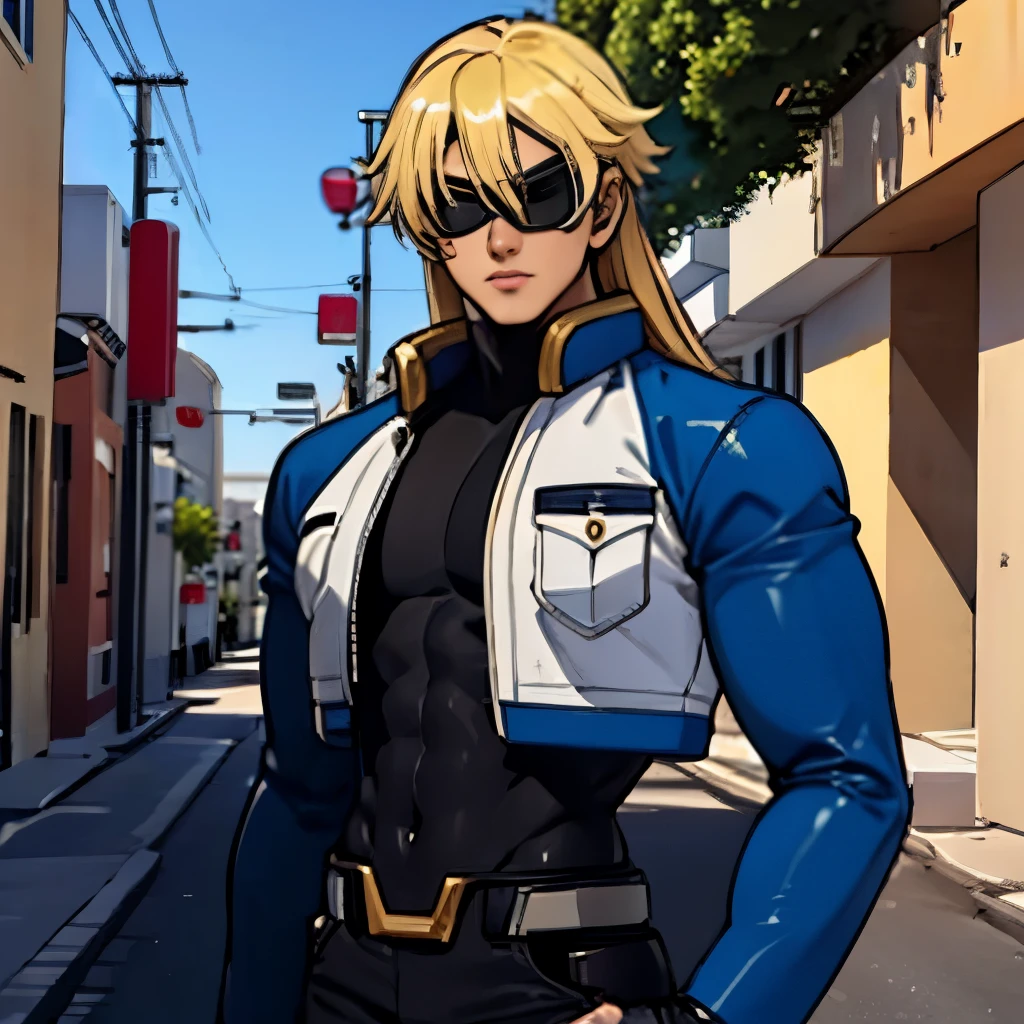 ( Best Quality )(Overall view),Back Alley, Reploid of a man with a cool and handsome face is 18 years old, Shiny Sentai Hero Suit, 18 years old, Tall, Long Hair, Hero Eye Mask ,