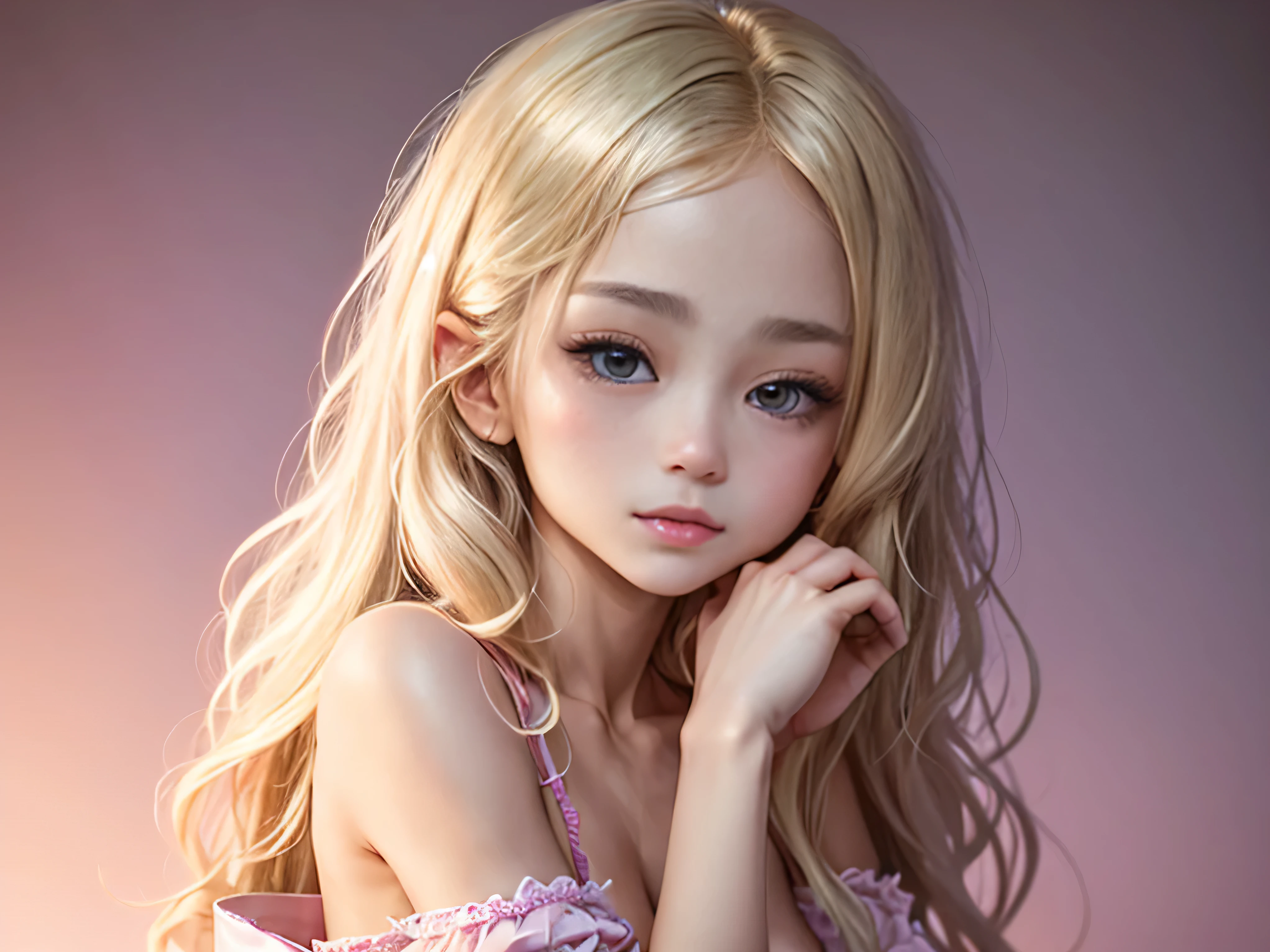(muste piece), (best quality:1.1), (Super detailed), best illustration, fine details, (People photography:1.1), (watercolor painting) Fluffy, 1 girl, solo,, slim, (extremely delicate and beautiful face), (Detailed beautiful eyes), full lips, blonde hair, (messy hair), (Wearing a pink baggy nighty), Soft and lazy, (simple background:1.2) Whole color background, clear parts, 4K, naked, full shot, 全nakedやん,