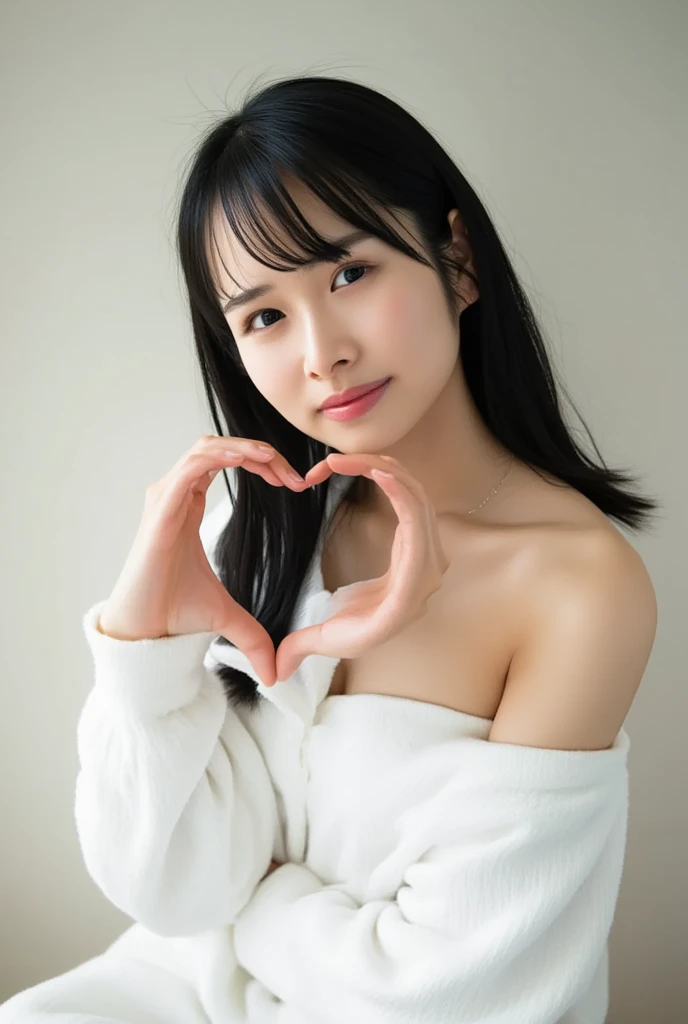 Only one woman with a cute smile wears cute, fluffy off-shoulder pajamas, makes a big heart shape with both hands, and poses them in front of her chest, View above collarbone、The background is a monotone 

