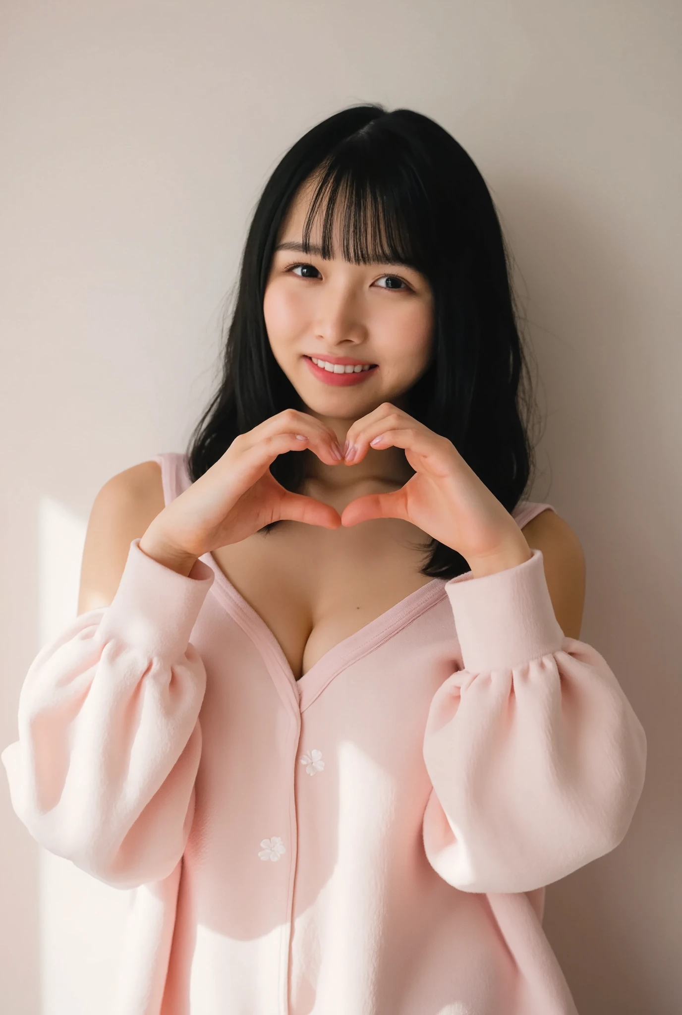 Only one woman with a cute smile wears cute, fluffy off-shoulder pajamas, makes a big heart shape with both hands, and poses them in front of her chest, View above collarbone、The background is a monotone 

