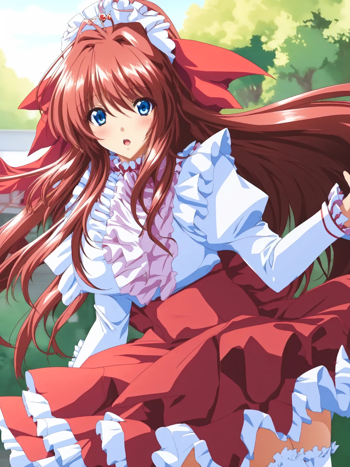 Anime illustration, ,Kanzaki_Aoi, 1girl, solo, long hair, brown hair, blue eyes, large breasts, red hair ribbon, break, ((frill queen costume:1.3)), outdoor,