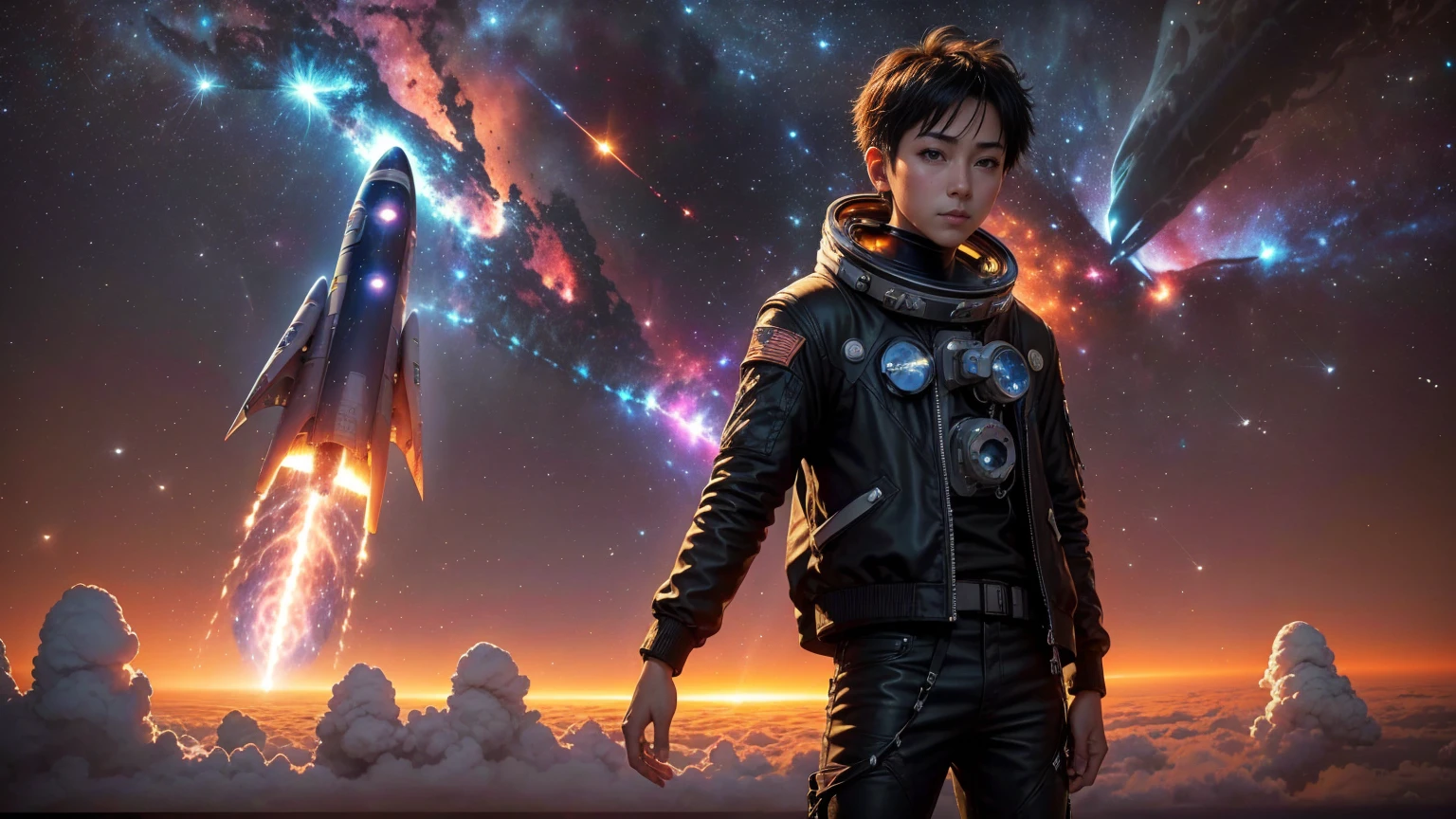 LOVEHIROHITO, a 17-year-old boy, is about to enter a freezer floating in space.It's about to get inside the refrigerator、1 person, 17-Year-Old Boy , it was the opposite black hair ,  black leather jacket,  wearing a black jacket ,  black pants, Open your arms, (((Re-entry into the atmosphere:1.4))),Wrapped in flames ,  Jet Injection , Earth, ( Reflected Sunlight :0.8), (distant galaxy:1.3), Wide, (weightless environment:0.7), (Space Travel:1.4), Far away、Very far from the camera