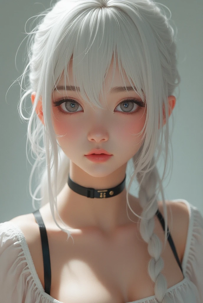 portrait、masterpiece:1.3、one girl、Upper body、Upper body、baby face、natural look、very cute、charming eyes、small breasts、platinum blonde hair、shortcut、短いtwin tails:1.3、twin tails、plump lips、no makeup、luxury shirt with lace、black shirt、RAW photo、最high quality、High resolution、Super detailed、high quality、Detailed details、8k、(((blurred background、gray walls、gray background、White world、studio:1.5、cinematic lighting、professional photographer)))