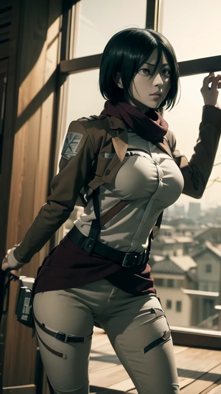 Attack on Titan　Mikasa　Mikasa's sharp body　High image quality　Dynamic movement　Aerial　 is flying with a three-dimensional maneuver　Line of sight　Big Breasts　Butt　 The background is a medieval cityscape 　Natural lighting 