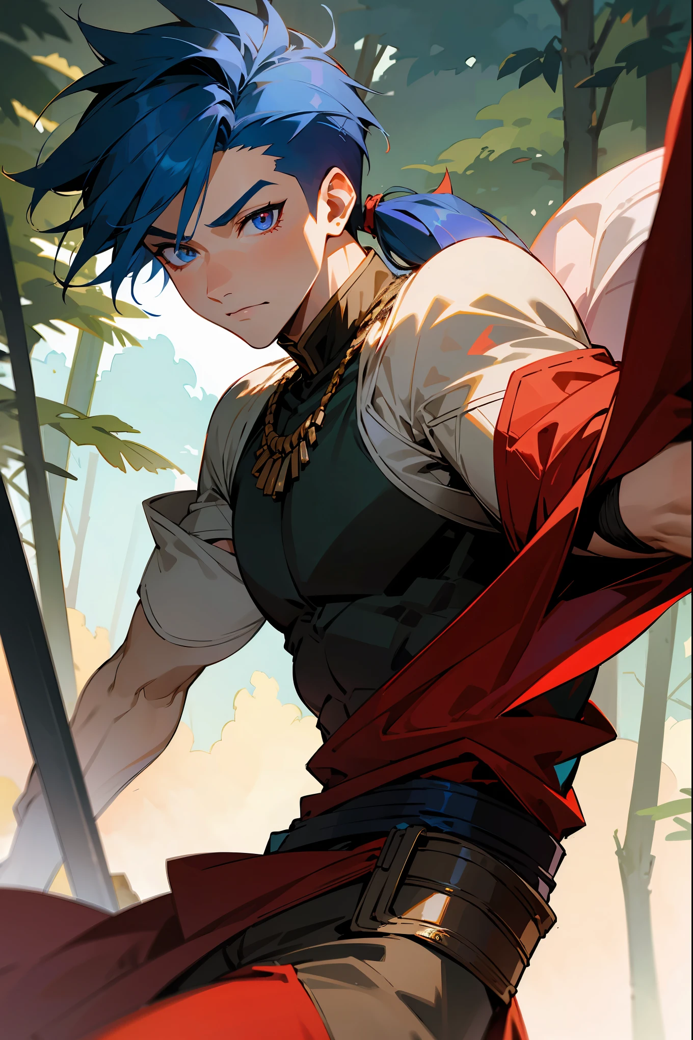 ((masterpiece)), ((best quality)), (ultra-detailed), absurdres, extremely detailed CG unity 8k wallpaper, Official Art, Accurate describe shapes, beautiful face, detailed hands, expressive eyes, upper body, looking at viewer, solo, (realistic), close-up, (standing, arm at side, smile:1.2), (forest, scenery, illustration, dramatic light:1.1) (1boy, mature male, muscualr male, blue hair, long hair, low ponytail, red eyes:1.4), (blue leggings, body paint, earrings, crescent necklace:1.3), cu chulainn \(fate\), ,((masterpiece)), absurdres, HDR, cu chulainn - lancer - second ascension (fate),  <lora:Cu Chulainn - Lancer - Fate Series:0.7> <lora:epi_noiseoffset2:0.7> <lyco:GoodHands-beta2:1>