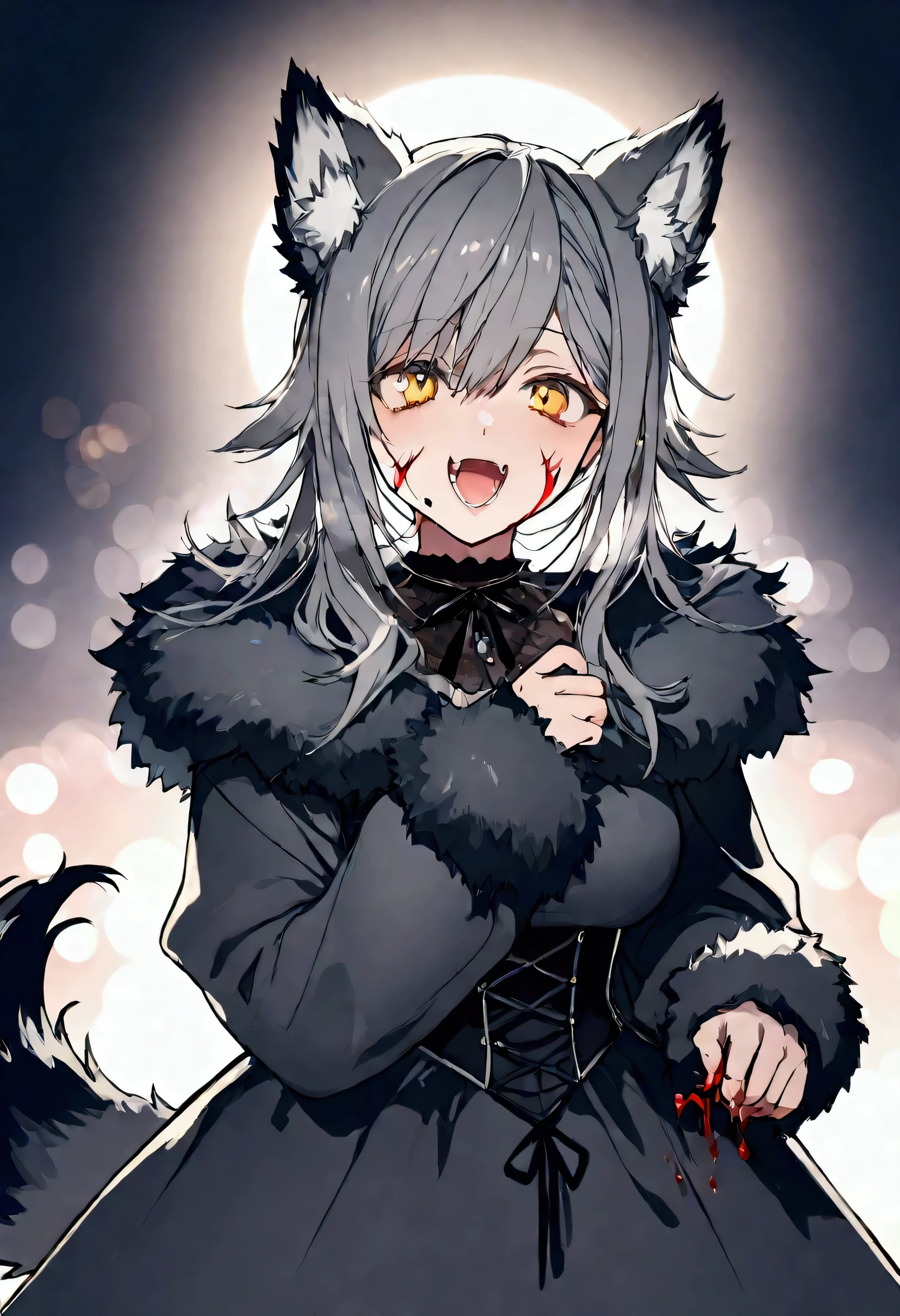 ultra detailed illustration in anime style of a woman with golden eyes, Apricot skin, gothic dark gray fur clothes, wolf ears, a winter background, wolf tail, a deep silver color long hair, lens flare, depth of field, bokeh effect, backlit, stylish, elegant, breathtaking, visually rich, flat lights, flat colors, cel shading, art by best anime studios, 32k resolution, best quality, ink lines, a mature body, a facial scar, blood, a barking laugh smile, sharp fangs, the Middle Ages