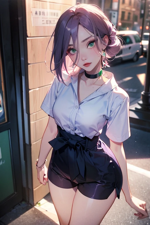 (Masterpiece: 1.1), (Best Quality: 1.0), (Ultra High Definition: 1.0), (8K Resolution: 1.2), (Real: 1.0), (Ultra Detail: 1:0), (RAW Photo: 1.1), Bird's Eye Angle (Ginza_\(Japan\), Outdoor, One Girl, Bangs, Panties, Sexy Pink Ribbon, Breasts, Collarbone, Collared Shirt, Ear Piercings, Earrings, Eyebrows Visible Through Hair, Head Tilt Jewelry, Lifted by Yourself, Blue Loose Tie, Middle Breast, Piercing, Uniform, Shirt, Solo, Underwear, White Shirt, Angry Face, (Ear Piercing: 1:1), Earrings, Camera Gaze, Nail Art, Nail Polish, See-Through Bang, Light Gray Hair, (Blue Skirt), Clavicle, Thigh Gap, Small Hips, Mini Skirt, Matayom Uniform, (Mekosuji: 1.2)