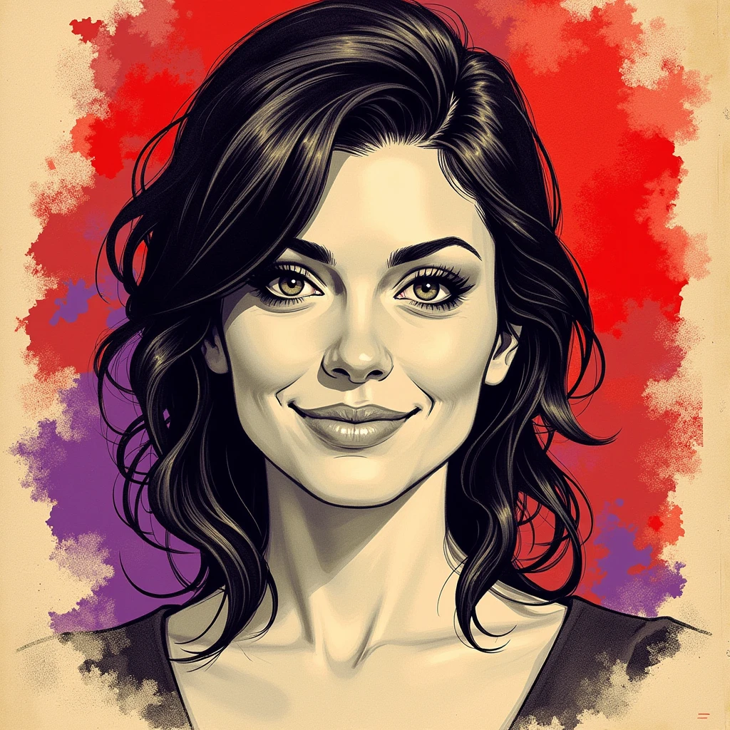 Smiling woman with a raised eyebrow with a warning expression. Sketche, color palette from red to violet, detailed features, beautiful and vintage style, high contrast lighting, expressive eyes, messy hair. (Best quality, high resolution, realistic: 1.37, old, monochrome, intense look, dramatic lighting, rough background, worn paper texture, retro vibes, ID photo, front view, surrounding woman with abstract art clichés,