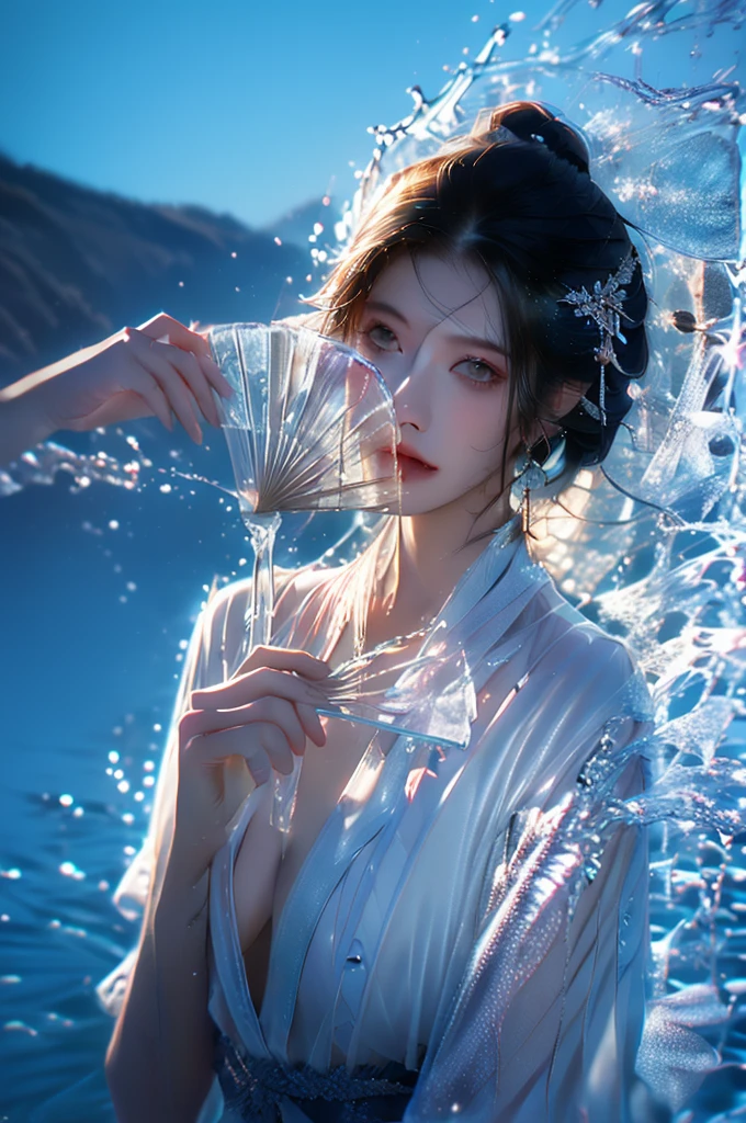  Yusuishan , 1 girl,  alone , water,  hand blow , Holds  fan,  boobs, set,  whole body , Long hair,  Jewelry , Braid, Holds ,  looking at the big cute , Raise your arms, earring,  gray white hair , Blow fold ,  standing wave , bangle, ตาสีwaterเงิน, shill, white set,  clothes cut out , cleavage,   lips parted, medium  boobs,  concave , Short sleeves,
best quality, Masterpieces , very high resolution portrait, nighttime