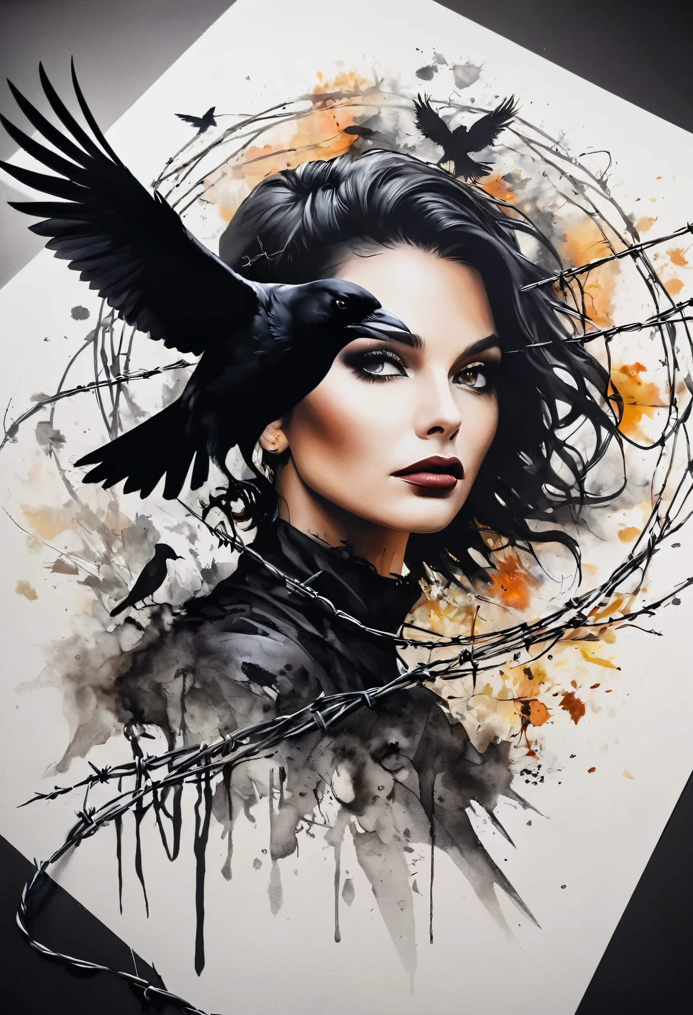 Vektor Create an exquisite ink pintura on white paper that is the perfect multi-exposure work of art. This piece was intended to combine the shadowed volume of a crow and a scarecrow and barbed wire. hiper-realista.estilo de tatuagem, respingo de tinta, cores em branco ,Preto e branco , cinematic, illustration, pintura, foto, Poster, fantasia negra