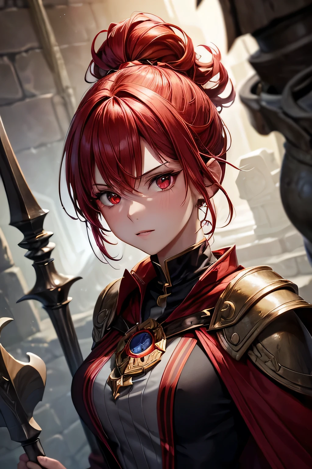 (absurdres, high fantasy artwork, best high quality image, carefuly detailed, very detailed features and textures, warhammer fantasy aesthetic)
{{1character: 25 years old red haired barbarian girl, (scarlet red short hair, purple eyes with black pupils, face with blood, very thin lips with blood, white skin with blood, wearing full armor dirt with blood, attack pose, very serious face, no sense of humor), (full bulky knight armor with blood, full bulky shoulder plates with blood, full armored bulky-breast-plate-armor-no revealing-skin dirt with blood, full gauntlets plates, full elbow plates, full plate boots), (her weapon: broad sword on her back), (celtic city battle scene in fire)}}