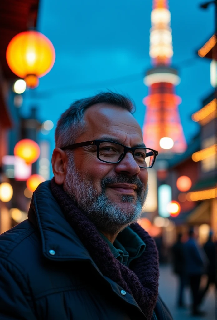 ((masterpiece)) ((photography)) ((Highest quality)) 
Bearded man with glasses slightly overweighted, tourist in shot, ornate details, blue hour, travelog photo, VSCO, grain, Faded, colourful, vivid, dreamy, Tokyo Tower.