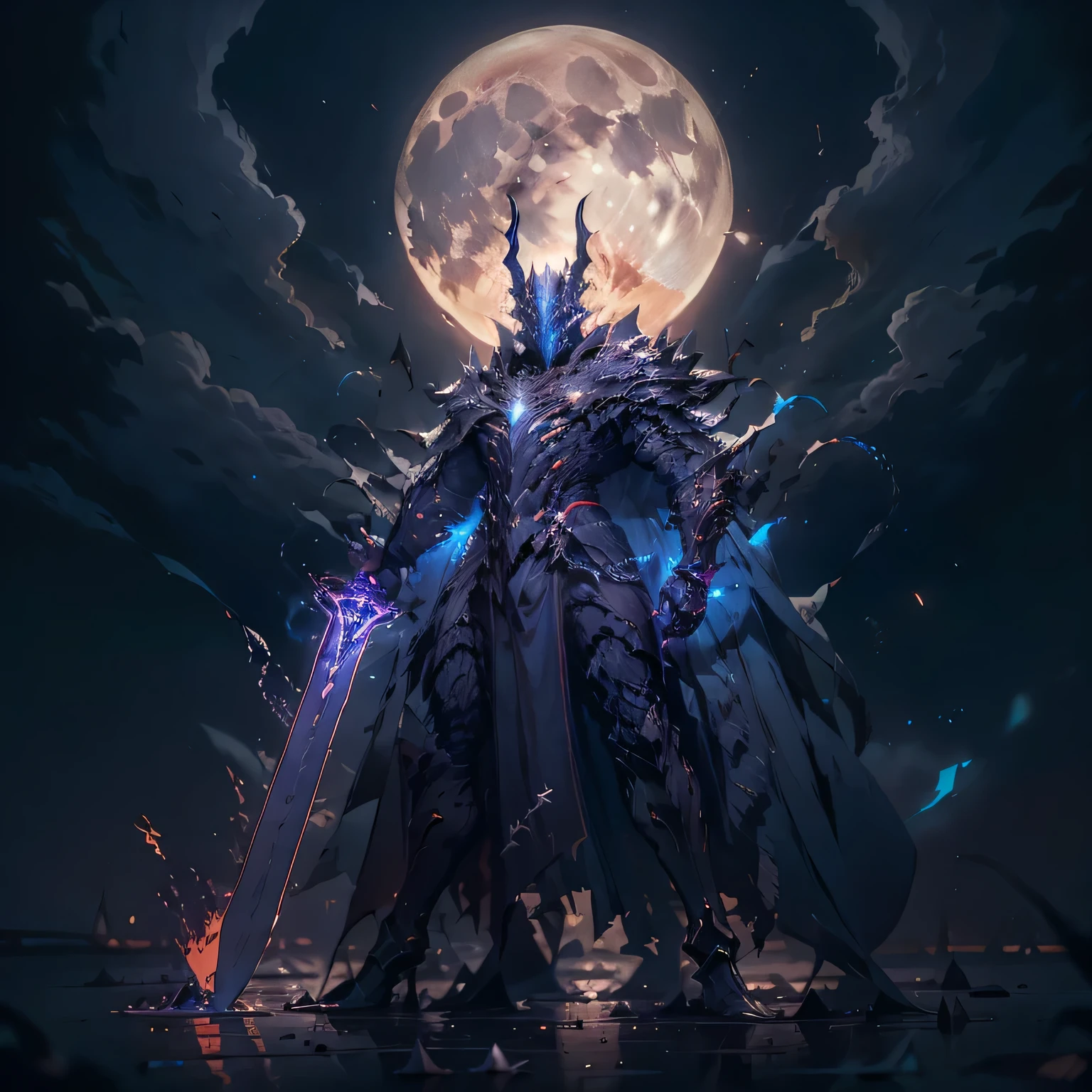 The moon hung high in the night sky, casting an eerie glow over the abandoned ruins. Amidst the crumbling walls and forgotten echoes of a once-grand castle, stood a lone figure. His silhouette was a stark contrast against the haunting backdrop.

His cloak billowed in the cold wind, revealing the glint of a menacingly sharp sword gripped tightly in his hand. His stance was as if chiseled from stone—firm, yet poised for swift, deadly movement. The moonlight danced upon his hands, beautifully drawn, each sinew and tendon seemingly alive with power and purpose.

But it wasn't the skill in his hands that caught attention; it was the darkness that enveloped them. An evil aura exuded from his being, a palpable sense of malevolence that tainted the very air. It whispered of untold horrors and a hunger for destruction, a chilling presence that froze the soul.

His eyes, narrowed and ablaze with an unholy fervor, scanned the desolate grounds with a predatory focus. The killing intent radiated from him, an invisible force that seemed to weigh down the atmosphere.

There was a silence, a pregnant pause before the inevitable storm. The man, a dark harbinger in this desolation, embodied an evil that stirred fear in the hearts of even the bravest souls. With every breath, the world seemed to hold its own, waiting for the impending clash between this malevolent force and any who dared to challenge it.