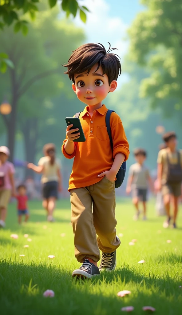 in a park full of grass, a boy, wearing an orange shirt and long trousers, is walking and you can see his cellphone in his trouser pocket, in the background, a busy outdoor scene,