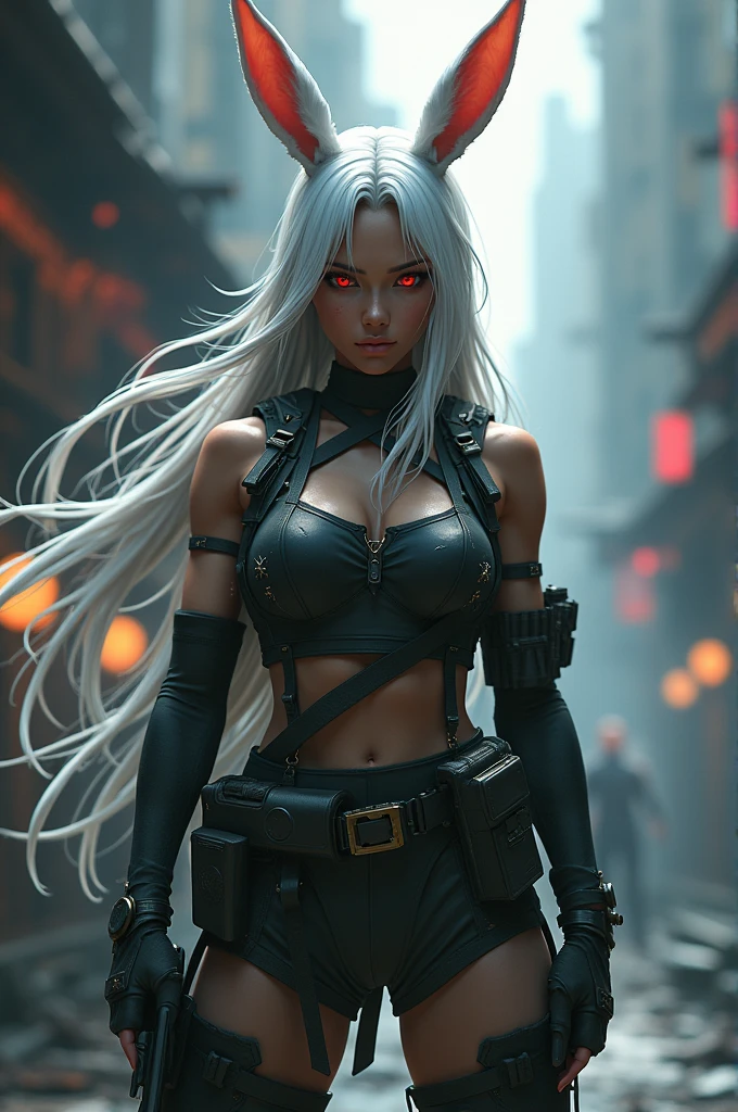 1 girl, heavy goth makeup, white hair, fantasy character, cyberpunk horror, dark fantasy, navel, gothic mage, muscular abs, leather lace corset cropped top, leather pants, sensual