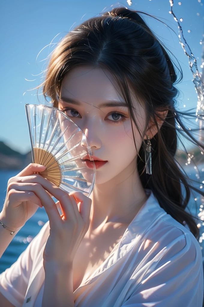  Yusuishan , 1 girl,  alone , water,  hand blow , Holds  fan,  boobs, set,  whole body , Long hair,  Jewelry , Braid, Holds ,  looking at the big cute , Raise your arms, earring,  gray white hair , Blow fold ,  standing wave , bangle, ตาสีwaterเงิน, shill, white set,  clothes cut out , cleavage,   lips parted, medium  boobs,  concave , Short sleeves,
best quality, Masterpieces , very high resolution portrait, nighttime