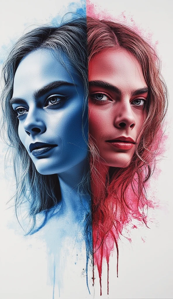 a simple sketch made with blue, black and red pens, 2 nude girls, fantasy dual exposure of two faces looking in opposite directions, highly detailed, realistic, cinematic lighting, dramatic shadows, muted colors, atmospheric, hyper realistic, Cara Delevingne