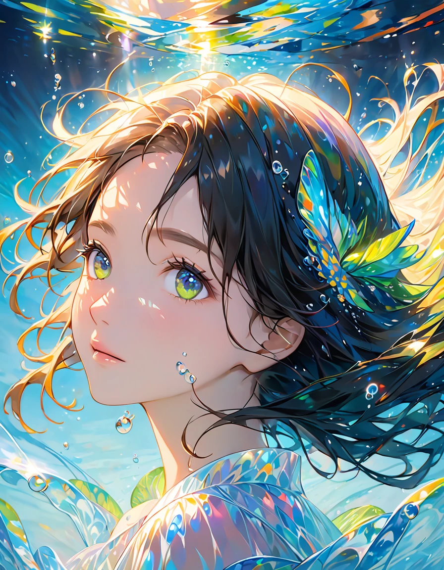 Girl swimming underwater,Ultra high definition rendering style,Shine,yellow,green,Brush,Surreal Oil Painting,Shine瞳, head close-up , Exaggerated Perspectives , Tyndall effect,Water Drop,Mother-of-pearl iridescence, holographic white , black background,