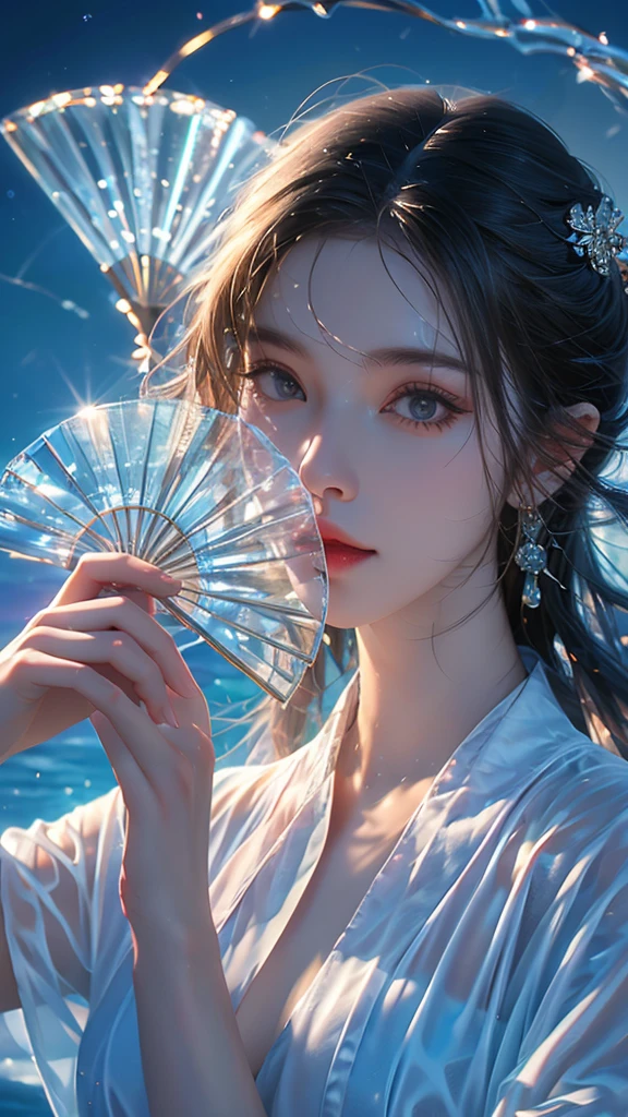  Yusuishan , 1 girl,  alone , water,  hand blow , Holds  fan,  boobs, set,  whole body , Long hair,  Jewelry , Braid, Holds ,  looking at the big cute , Raise your arms, earring,  gray white hair , Blow fold ,  standing wave , bangle, ตาสีwaterเงิน, shill, white set,  clothes cut out , cleavage,   lips parted, medium  boobs,  concave , Short sleeves,
best quality, Masterpieces , very high resolution portrait, nighttime