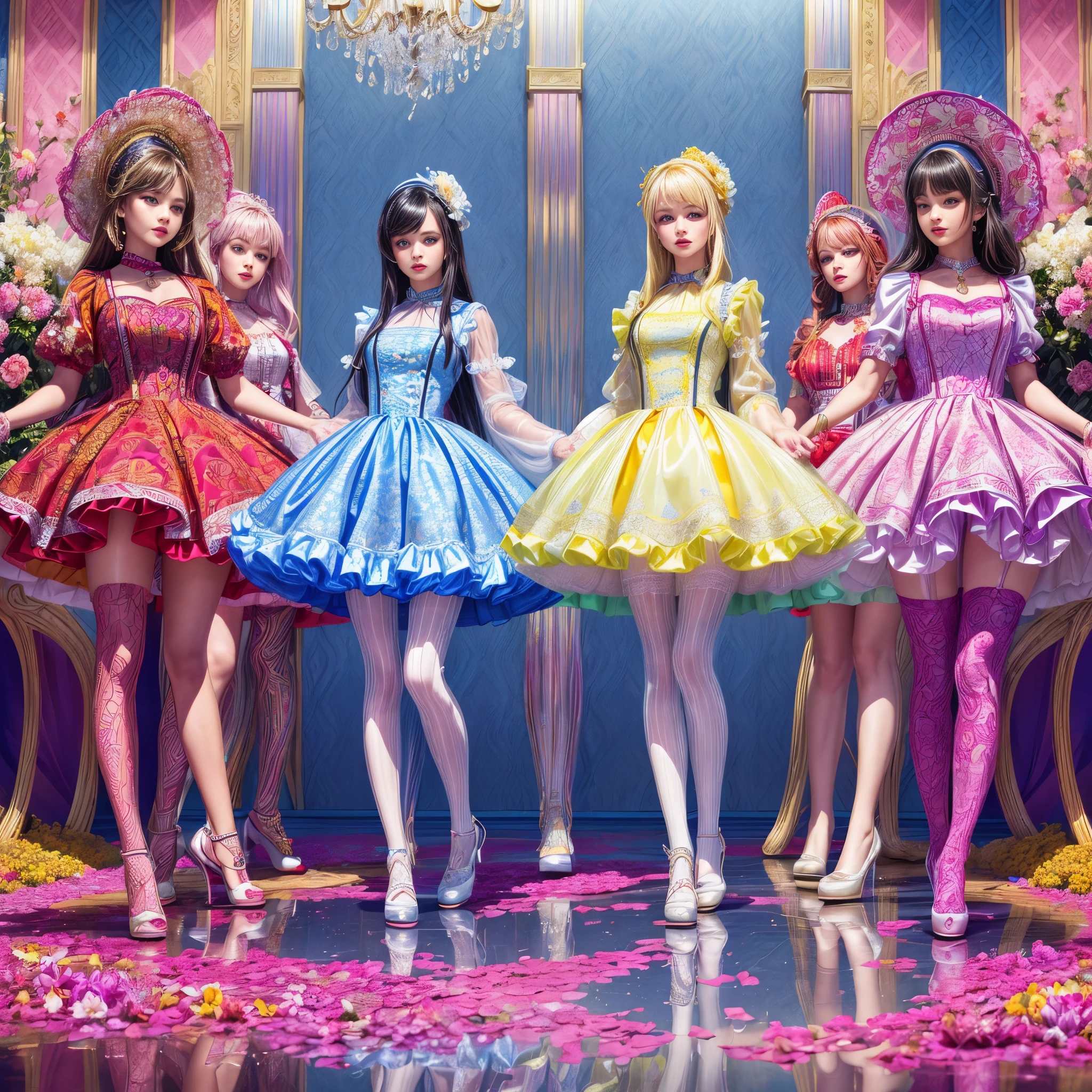 ((full body shot):1.5), a group of women,((Straightjacket style):1.3), (in elegant Classic ta Princess Dress),( high waisted short dress :1.3), The background is a fantastic A creek in the flower field, ((Standing and posing)), Bimbo,  (Muticolored:1.4), (Wear dresses of different colors:1.2),Mary Jane shoes , ornate and luxurious patterns and accessories, fashionable attire,( patterned colored pantyhose:1.3),( Full of patterns:1.3), highly detailed full body shot, posed gracefully, stand in a row, Wear a Headwear, (mixed monochrome:1.1), (GLOSSY refection collection:1.3),loraavril , hyper realistic, 8k, dramatic lighting, cinematic, fashion editorial, vogue magazine cover, rich color palette, elegant, glamorous，`