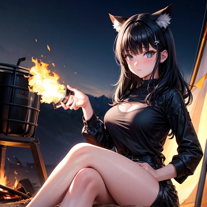 sitting in front of campfire on log, female, 30 years old, happy, mouth open with tongue hanging out, black leather jacket, anthro, wolf ears, (black fur:1.5), wolf, forest background, 8k, hi res, (best quality, masterpiece), (wolf tail:1.5), detailed fur, solo, looking at camera, night, leashing and collar, body fur, breasts