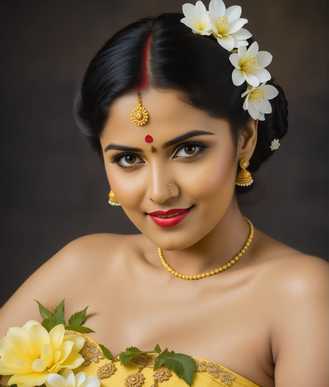  Red top bikni, there is a woman in a yellow dress with a flower in her hair, inspired by Raja Ravi Varma, photo taken with nikon d 7 5 0, photo taken with nikon d750, actress, movie stills photography, traditional beauty, glamour shot, taken with sony alpha 9, mami wata, glamorous pose, breathtaking look, stylish pose, movie still promotion,Long Hair, 