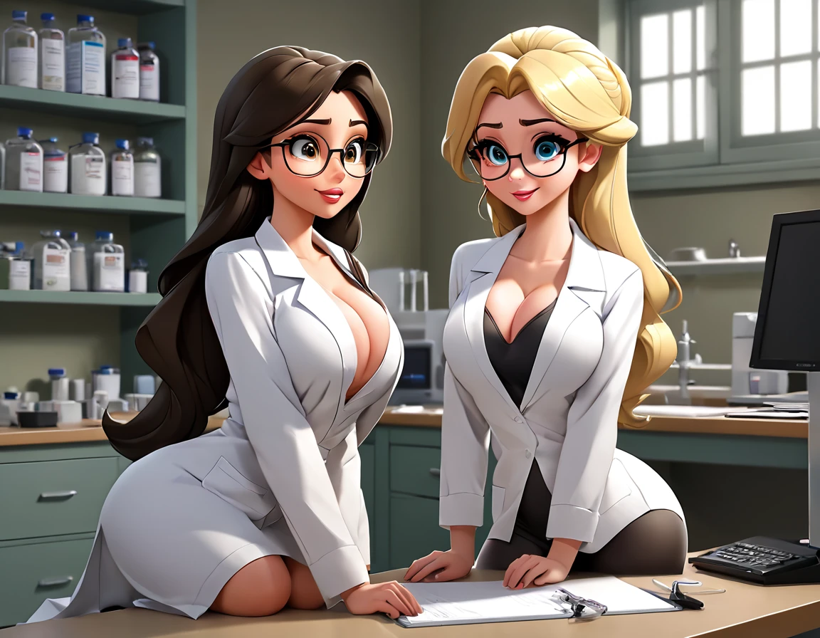 score_9_up, score_8_up, score_7_up, detailed, masterpiece, (2girls,source_3d,low poly),(cutesie), shortstack,  disney princess,((Jasmine)),Elsa,  kneeling,fellatio,deep,licking dick, dick measuring, ruler, clipboard, holding test tube, (1man), man standing, man  in between 2 girls,  man wearing labcoat,facial,cum in mouth ,glasses, happy,blush, exposed nipples , pubic barcode tatoo, (huge fake tits,huge breasts,round breasts),gigantic breasts, round breasts, perfectly round breasts, ,bimbo, narrow waist,skinny, ((cute face)), thin waist, hourglass waist,skinny, laboratory,high tech,dvd_cover