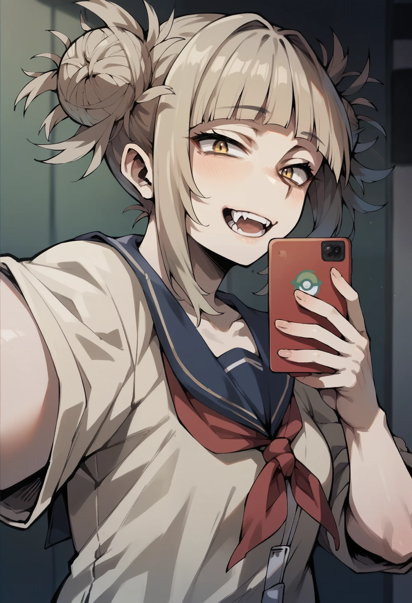 Himiko Toga wearing a Pokemon themed outfit taking a selfie
