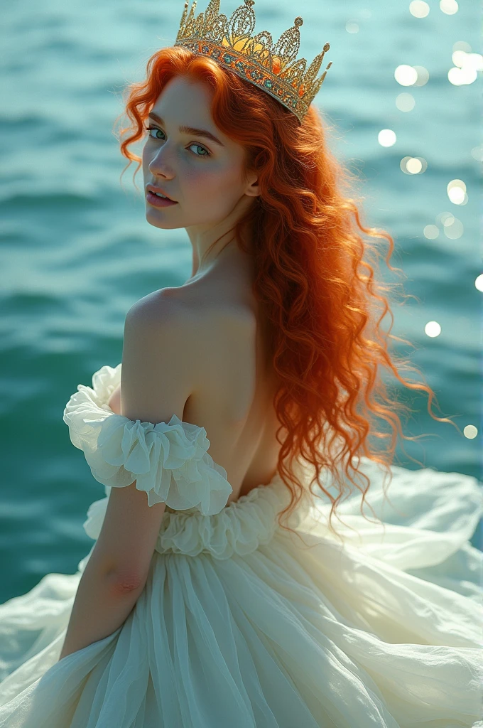 (masterpiece, Highest quality), ((One girl, alone, Long Hair)), Ishmael_edge, Innocent look, Bare arms, Exposing shoulders, Bare neck, watercolor, Sundress, Liquid clothing, water, Wave, water dress, green_theme, night, haze, dark, Sharp focus, Ocean, See-through dress, Orange Hair