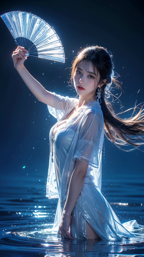  Yusuishan , 1 girl,  alone , water,  hand blow , Holds  fan,  boobs, set,  whole body , Long hair,  Jewelry , Braid, Holds ,  looking at the big cute , Raise your arms, earring,  gray white hair , Blow fold ,  standing wave , bangle, ตาสีwaterเงิน, shill, white set,  clothes cut out , cleavage,   lips parted, medium  boobs,  concave , Short sleeves,
best quality, Masterpieces , very high resolution portrait, nighttime