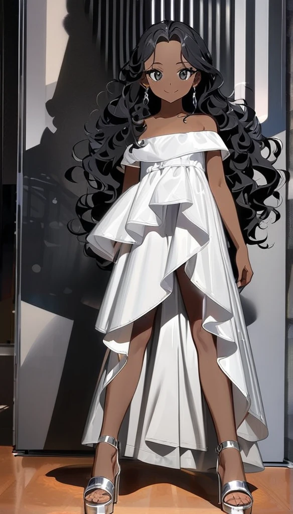 (((Adult trans woman)): dress, off shoulder's, black eyes, ((brown skin)), dark skin, showing the whole body, ((black hair, long wavy hair)),(Silver High heel sandals ). Closed mouth )); full body shot, cute smile, intense eyes looking, ((standing at stage), holding a purse, party, restaurant background. High quality. 4k, 8k, many details. Masterpiece, accurate, anatomically correct, posing, detailed background, better quality, original work Focus on details, Front view, earrings, wind blowing, red make, mature face , flat chest, casual theme