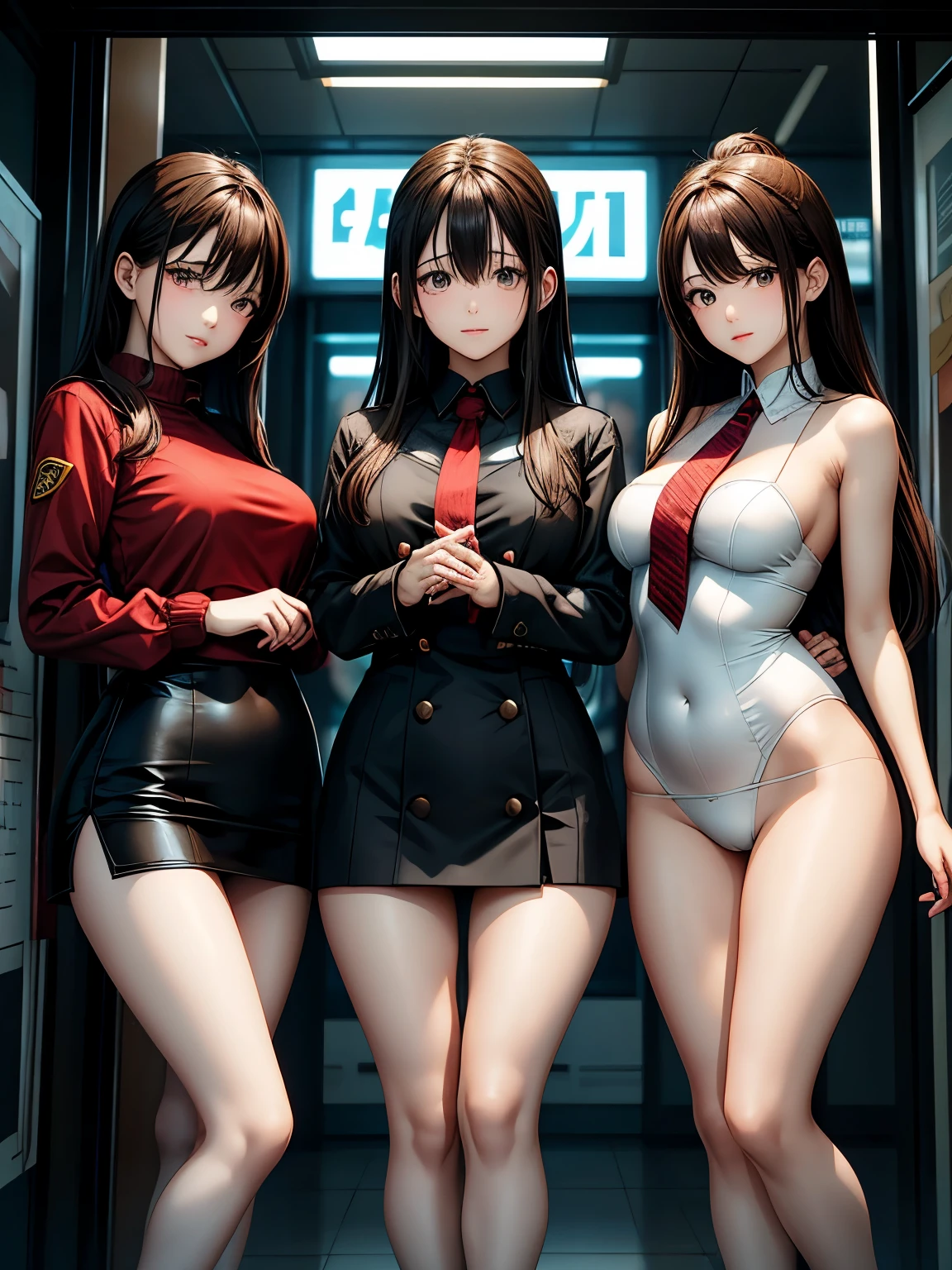 star、 supermodel 、 perfect build、Plump、Three  girls are looking at the viewer、 girl、、Thigh length、 beautiful legs with tails、、 Cyberpunk 、 gentle smile touching your head、seen by  girls、 innocent face、Red military uniform ****FACING