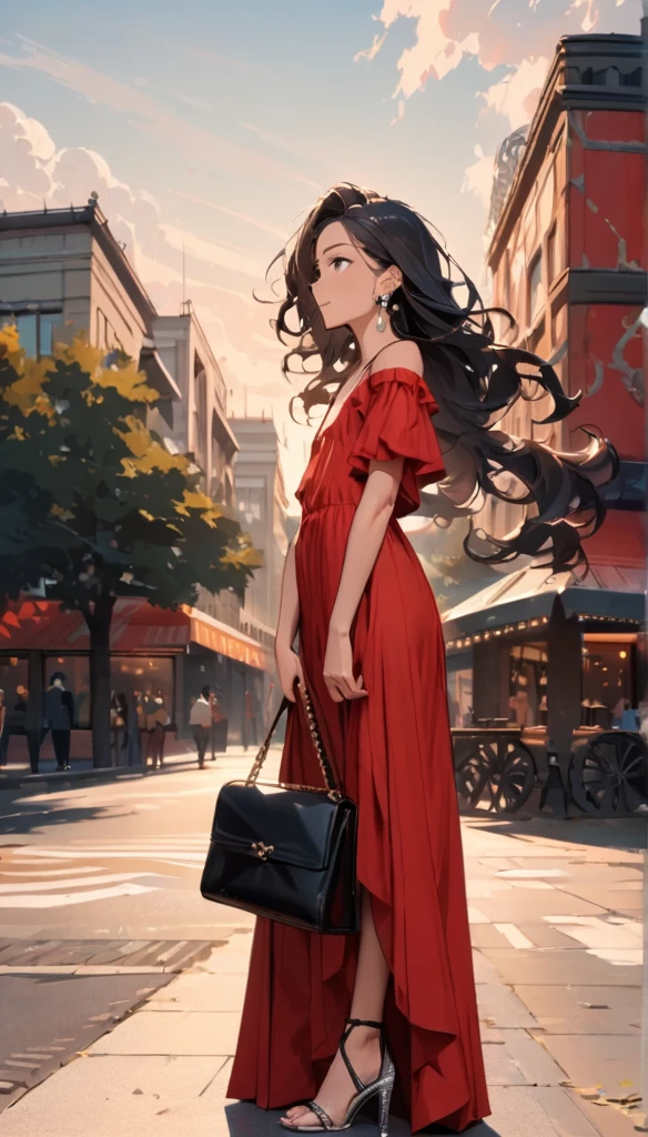 (((Adult trans woman)): dress, off shoulder's, black eyes, ((brown skin)), dark skin, showing the whole body, ((black hair, long wavy hair)),(Silver High heel sandals ). Closed mouth )); full body shot, cute smile, intense eyes looking, ((standing at stage), holding a purse, party, restaurant background. High quality. 4k, 8k, many details. Masterpiece, accurate, anatomically correct, posing, detailed background, better quality, original work Focus on details, Front view, earrings, wind blowing, red make, mature face , flat chest, casual theme