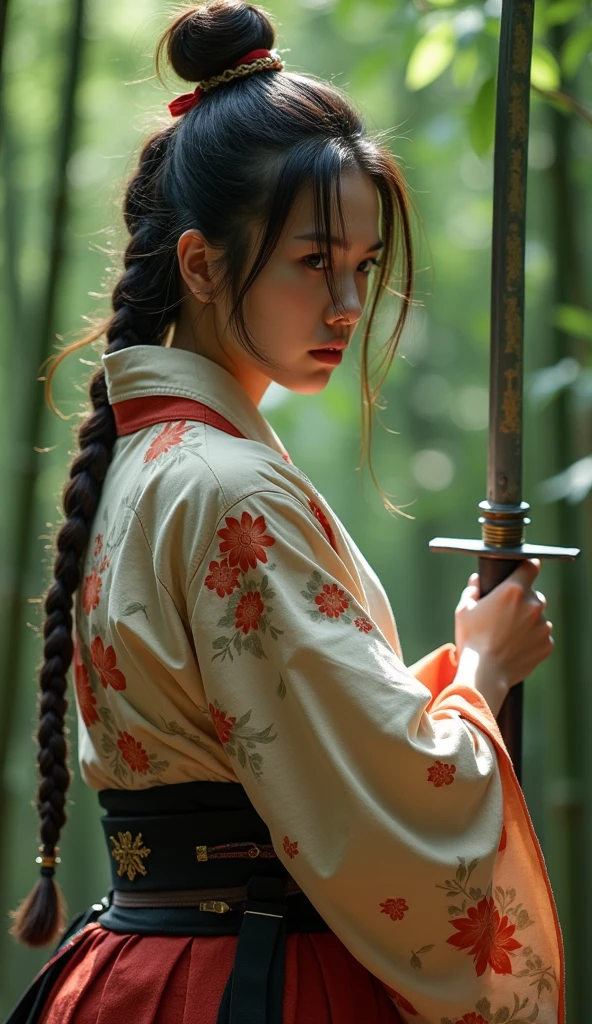  Original photo of a female samurai ,  Prepare to fight  ,  holding a sheathed sword in her hand ,  in a fighting posture ,  wearing a full samurai costume (kimono) ( Wind in bamboo ), ( Wind blows leaves ),  She has a wound on her shoulder  (   High skin detail  : 1.2), 8K Ultra HD, SLR camera, soft light,  high quality,  Movie Particles , Fuji XT3