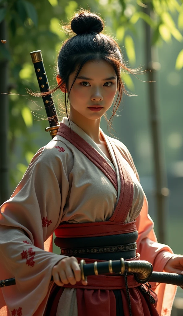  Original photo of a female samurai ,  Prepare to fight  ,  holding a sheathed sword in her hand ,  in a fighting posture ,  wearing a full samurai costume (kimono) ( Wind in bamboo ), ( Wind blows leaves ),  She has a wound on her shoulder  (   High skin detail  : 1.2), 8K Ultra HD, SLR camera, soft light,  high quality,  Movie Particles , Fuji XT3