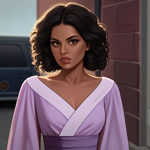 Twenty something year old, woman, brown skin, brown eyes, full lips, curly black hair, dressed in a light weight purple dress, waist up, Solo, High Resolution, Masterpiece, Anatomically Correct, Accurate, Best Quality, Game of Thrones, The Silk Road, Prostitute