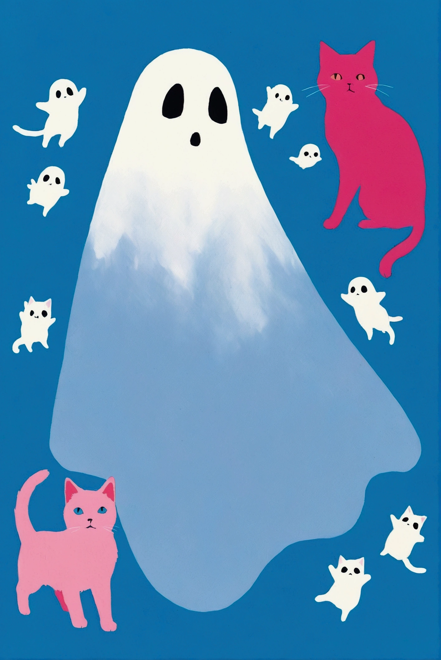  There are many colored cats on a blue and pink background, 虹色のghostのような, ghost, kill, ( ( RISOGRAPH ) ), ghost in the background, ghostのような人物, ghost theme, by Shinoda Toko, ghost, phantom ghost in the background,  part Petra Court Light , ren born as ghost, 浮遊するghost, Naoya Tanaka