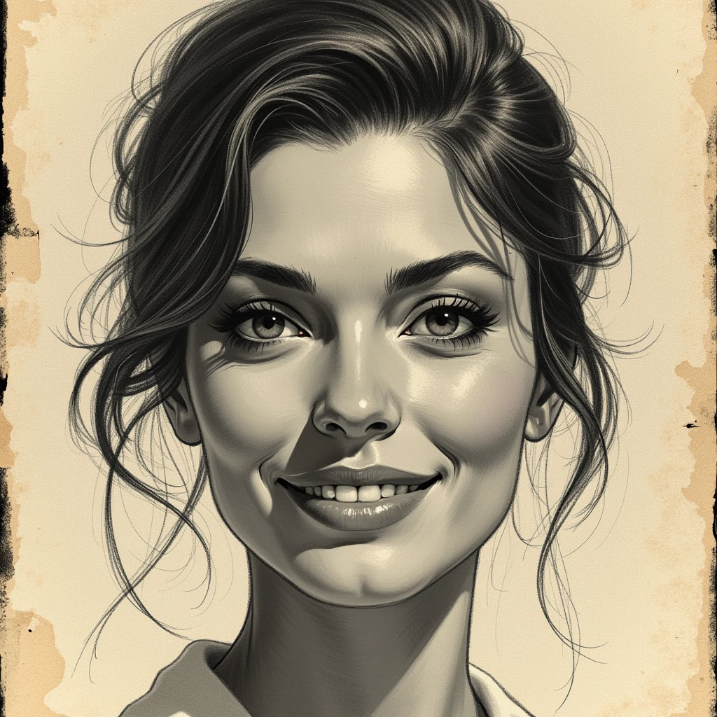 Smiling woman with a raised eyebrow with a warning expression. Sketche, detailed features, beautiful and antique style, high contrast lighting, expressive eyes, messy hair. (Best quality, high resolution, realistic: 1.37, old, monochrome, intense look, dramatic lighting, rough background, worn paper texture, retro vibes, ID photo, front view, surrounding woman with abstract art clichés,