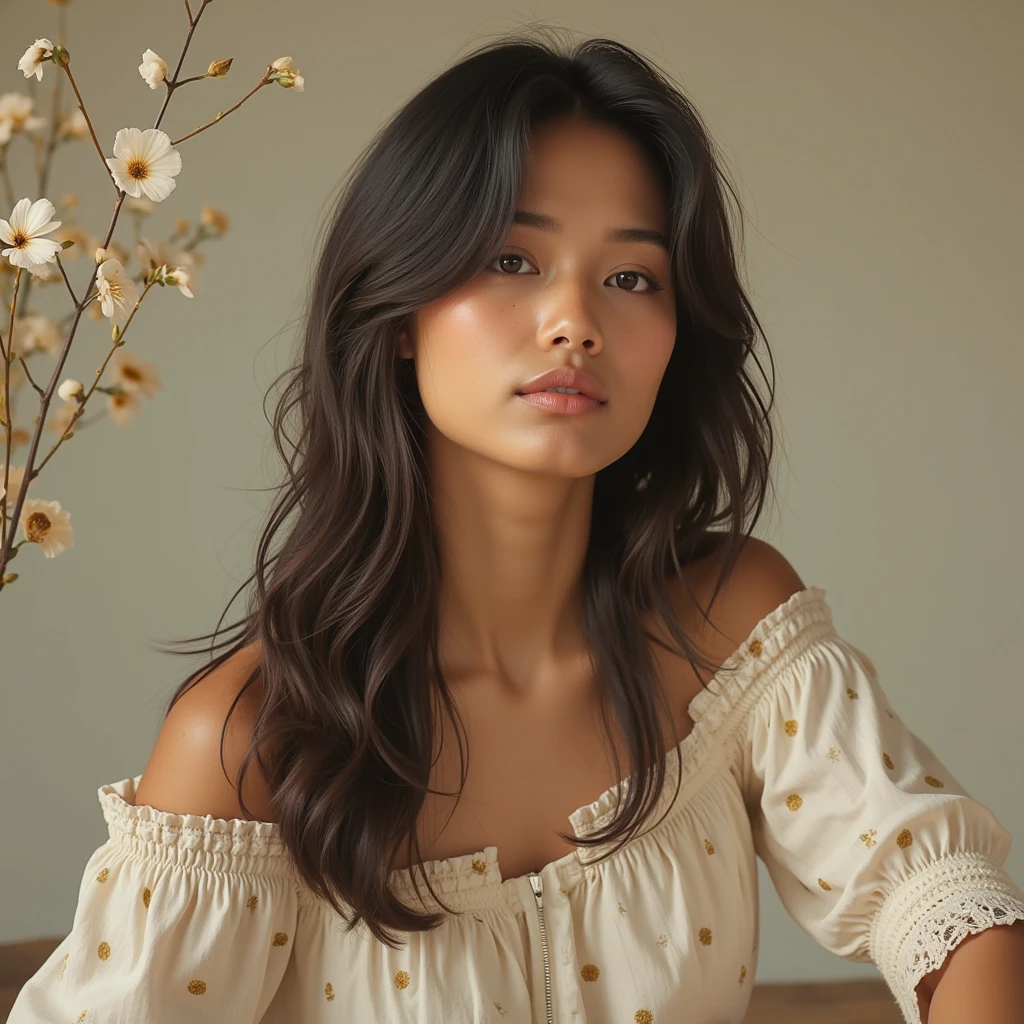 (photorealism:1.2)High resolution, cinematic, intrinsic details,  5 point view composition ,  pretty young Latin woman brown skin ,  sad because her black hair is falling out, minimalist background s,  natural central lighting ,  intense light beige colors, white and golden touches , background with fuzzy flowers, pedestal vacio, left side symmetric composition without elements